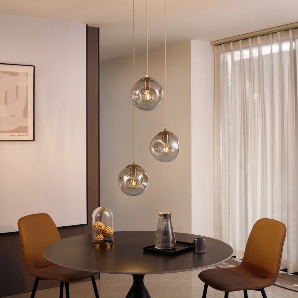 Art-Deco-Pendelleuchte Messing mit Bernsteinglas 3-flammig - Douglass