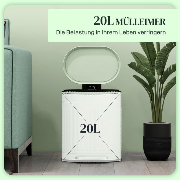 Weißer 20 Liter Tretmülleimer mit offenem Deckel in einem modern eingerichteten Raum neben einem grünen Sofa und einer Zimmerpflanze.