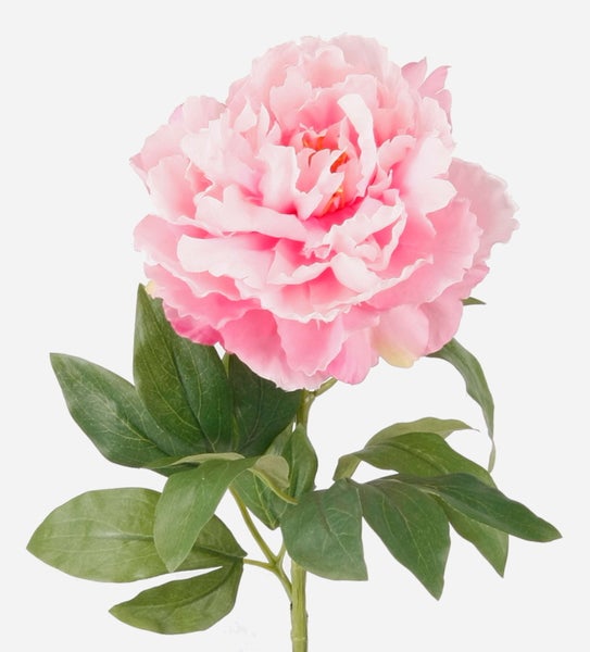 Künstliche Pfingstrose in Rosa mit grünem Stiel und Blättern.