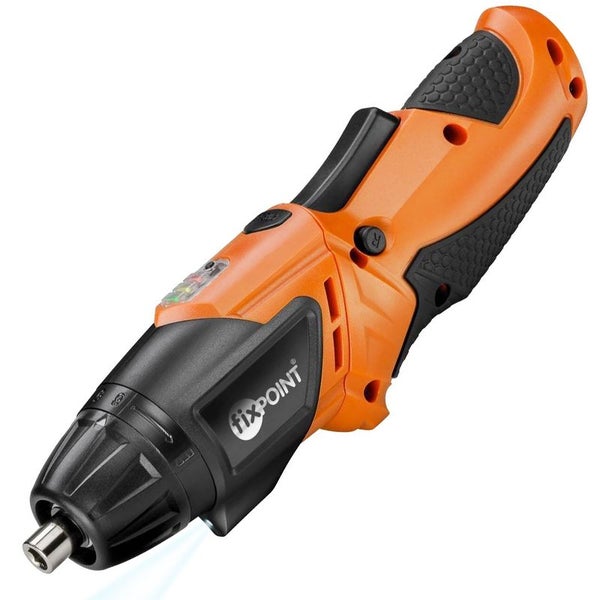 Fixpoint Akkuschrauber mit Arbeitslicht und ergonomischem Griff in Orange und Schwarz.