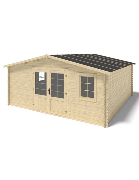 Gartenhaus aus Holz mit Doppeltür und einem Fenster unter einem Satteldach.