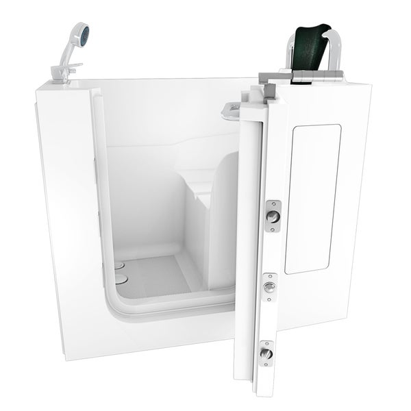 Sitzbadewanne mit Tür, integriertem Sitz, Haltegriffen und Armaturen für barrierefreies Baden.
