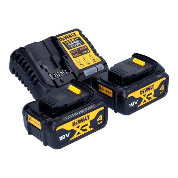DeWalt Akku Starter Set bestehend aus einem Ladegerät und zwei 18 Volt 4 Amperestunden Lithium-Ionen-Akkus.