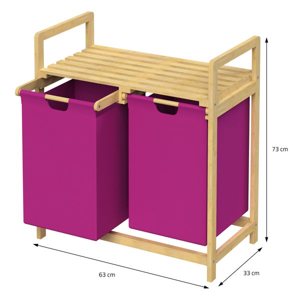 ML-Design Wäschekorb aus Bambus, Magenta, Wäschebox mit 2 Fächern, Wäschesammler mit 2 ausziehbaren Wäschesäcken 60 L, Wäschetruhe mit Ablage, Wäschesortierer für Badezimmer, Wäschetonne mit Regal