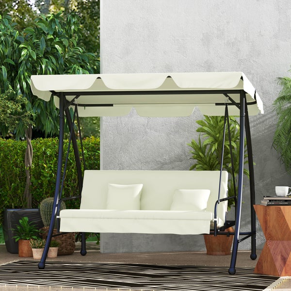 Outsunny 2 in 1 Hollywoodschaukel mit Liegefunktion 3-Sitzer Gartenschaukel mit verstellbarem Sonnendach, Schaukelbank belast bis 240kg, Gartenliege für Garten, Terrasse, 200x125x170 cm, Cremeweiß