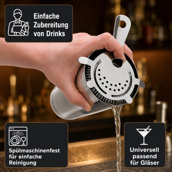 Hand hält einen Cocktail Strainer aus Edelstahl beim Ausgießen eines Getränks, mit Symbolen für einfache Zubereitung und Spülmaschinenfestigkeit.