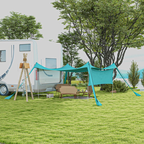 Outsunny Sonnenschutzdach, Sonnensegel Wasserdicht Wetterschutz mit Stahlstangen, für Camping, Reisen, Picknicks, 3 x 3 x 2 m, Polyammoniak, Stahl, Himmelblau