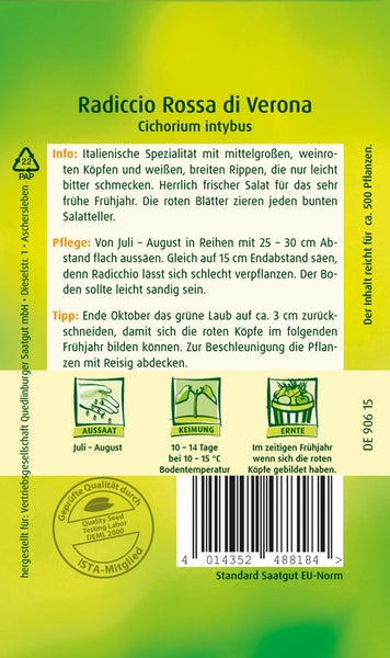 Rückseite einer Samentüte für Radicchio Rossa di Verona mit Informationen zu Aussaat, Keimung, Ernte und Qualitätssiegel.