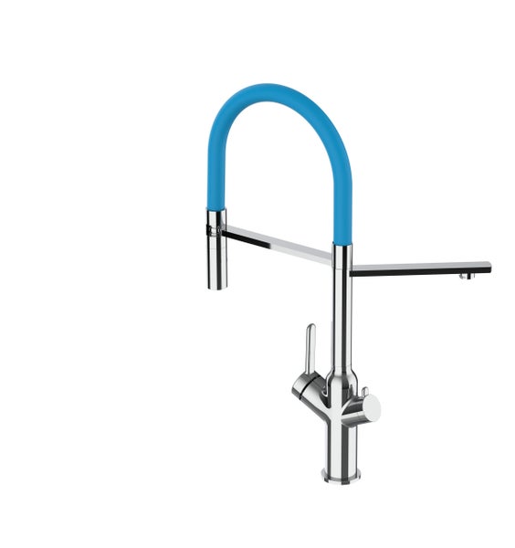 3 Wege Wasserhahn Küchenarmatur, BOD, mit 360° schwenkbarem Auslauf, abnehmbare 2 strahl Handbrause, Verchromt / Hellblau