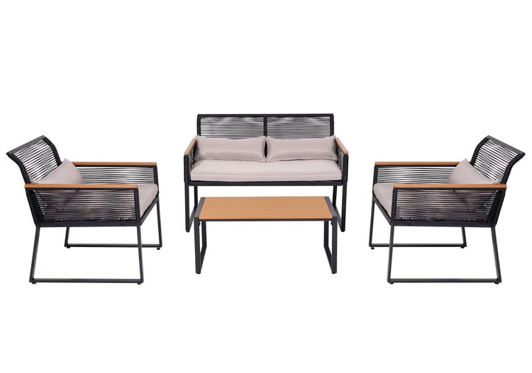 Vierteiliges Garten-Lounge-Set aus schwarzem Metall mit Kordelgeflecht, grauen Kissen und einem Couchtisch aus Holz.