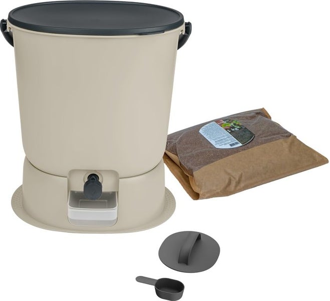 Skaza Bokashi Essential Biomülleimer Küche (15,3 Liter) + Base - Komposteimer Küche und Garten aus recyceltem Kunststoff - Starter Set + incl. 1 kg Fermentation Starter - Creme