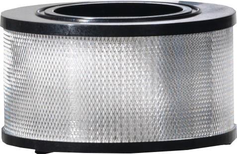 Zylindrischer Lamellenfilter mit Metallgitter und schwarzen Kunststoffkappen für Staubsauger.