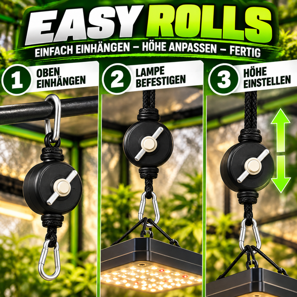 Drei-Schritte-Anleitung zur Nutzung der Easy Rolls Lampenaufhängung für Pflanzenlampen im Gewächshaus.