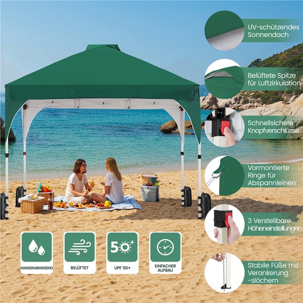 Grüner Faltpavillon am Strand mit zwei Personen, wasserabweisend, UV-Schutz 50 plus, belüftete Spitze und drei Höhenstufen.