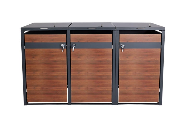Drei Mülltonnenboxen aus Holz und Metall