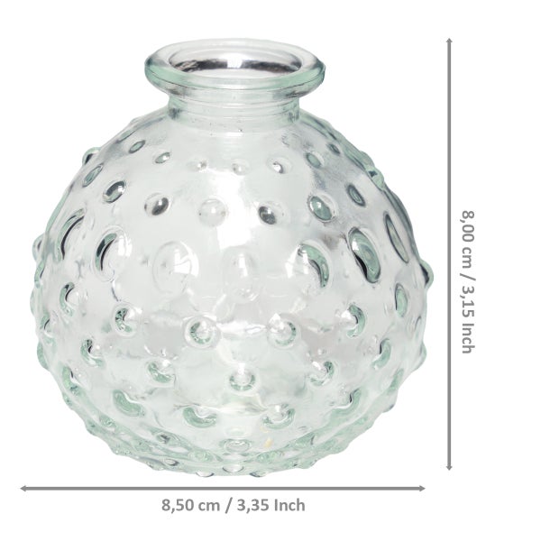 Kugelige Glasvase mit Noppenstruktur, Höhe 8 Zentimeter und Breite 8,5 Zentimeter.