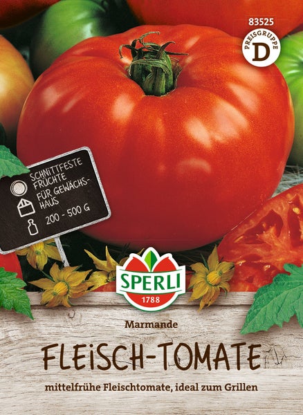 Sperli Samen Fleisch-Tomate Marmande für Gewächshaus mit 200 bis 500 Gramm schweren Früchten.