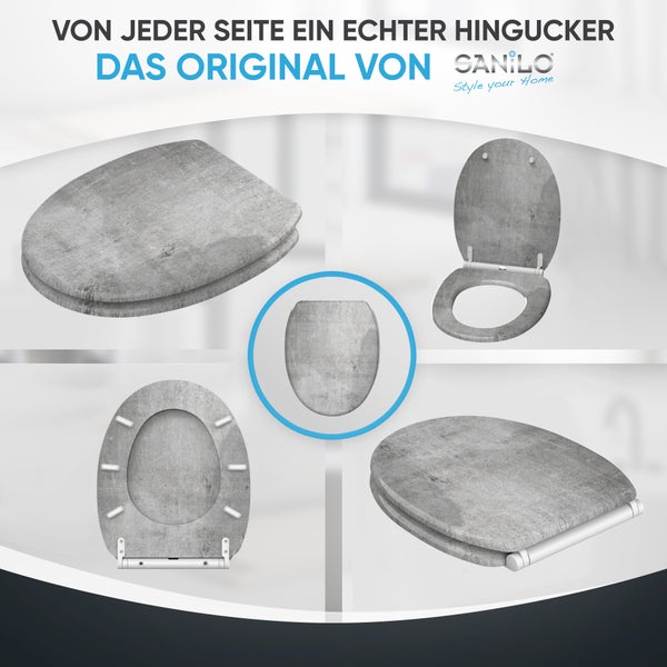 Sanilo WC-Sitz in Beton-Optik aus verschiedenen Perspektiven: offen, geschlossen, Draufsicht und Unterseite. Sanilo Logo.