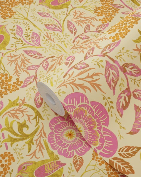 Tapetenrolle mit Vogel-, Blumen- und Pflanzenmuster