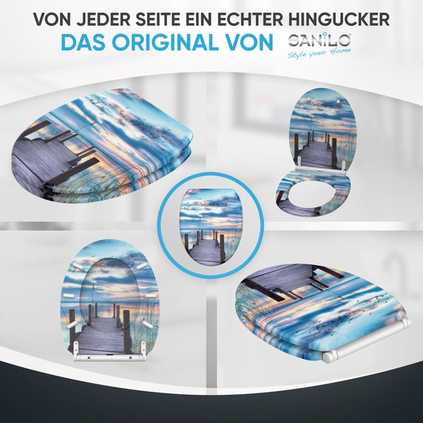 Verschiedene Toilettensitze mit einem Steg im See als Motiv der Marke Sanilo