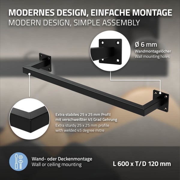 ML-Design 2er Set Kleiderstange Rechteck für die Wand, T12cm x B60cm, Schwarz, aus Stahl, Garderobenstange U-Form, Kleiderständer Wandmontage, Kleidergestell Garderobenhalter, inkl. Montagematerial