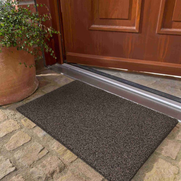 Fußmatte vor einer Haustür mit Pflanze