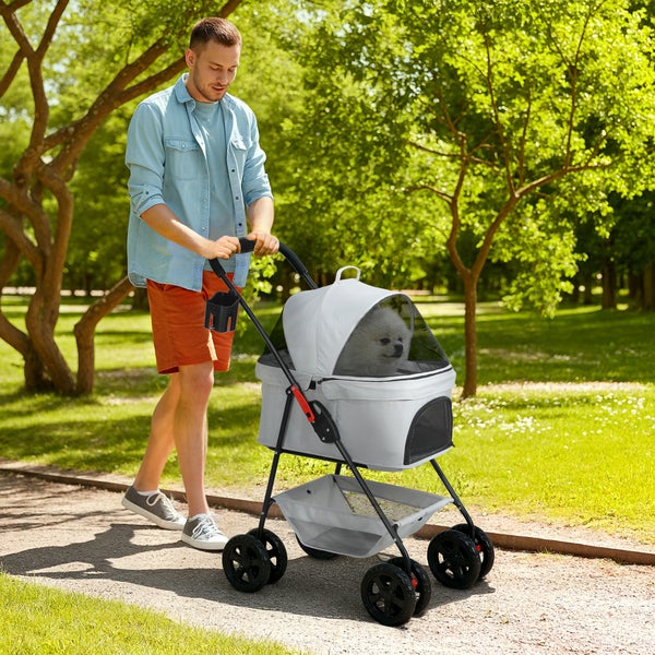 PawHut Hundewagen 3 in 1 Hundebuggy Faltbar Hundebox, klappbar Transporttasche mit Getränkehalter, Hunde Buggy, Katzenwagen mit 360° Räder Katzenbuggy für Mini Hunde unter 4 kg, Hellgrau