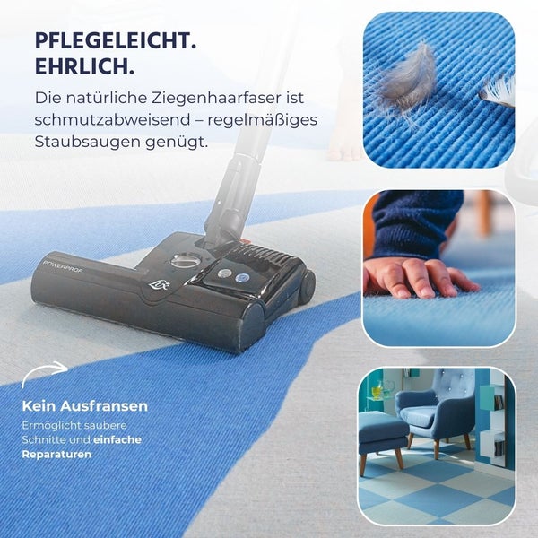 Teppichboden aus Ziegenhaarfaser beim Staubsaugen, Details der schmutzabweisenden Oberfläche, weiche Textur und Wohnzimmer mit blauem Sessel.