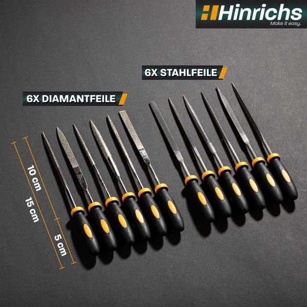Hinrichs Nadelfeilen-Set, 12-teilig, 6 Diamantfeilen und 6 Stahlfeilen, schwarz-orange Griffe. Gesamtlänge 15 Zentimeter. Hinrichs Logo.