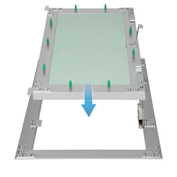 Revisionsklappe aus Aluminium mit Gipskartoneinlage, halb geöffnet mit blauem Pfeil zur Anzeige der Abnehmbarkeit.