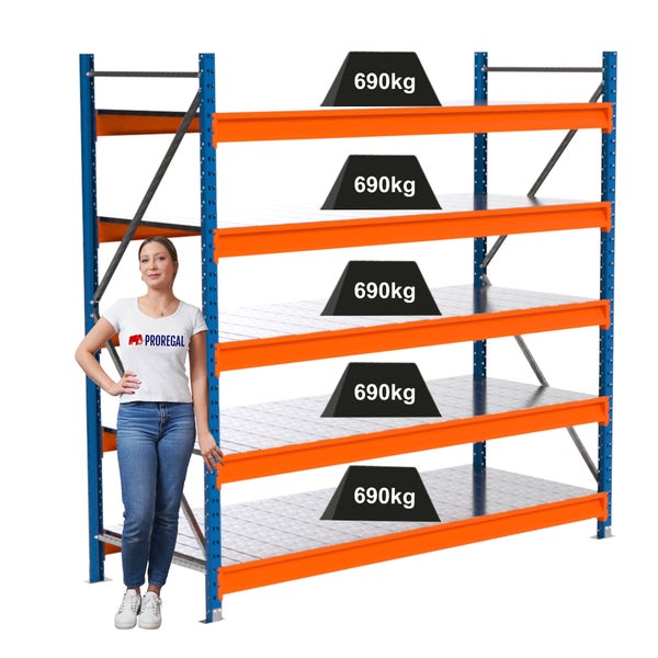 Schwerlastregal mit fünf Ebenen und einer Traglast von 690 Kilogramm pro Ebene