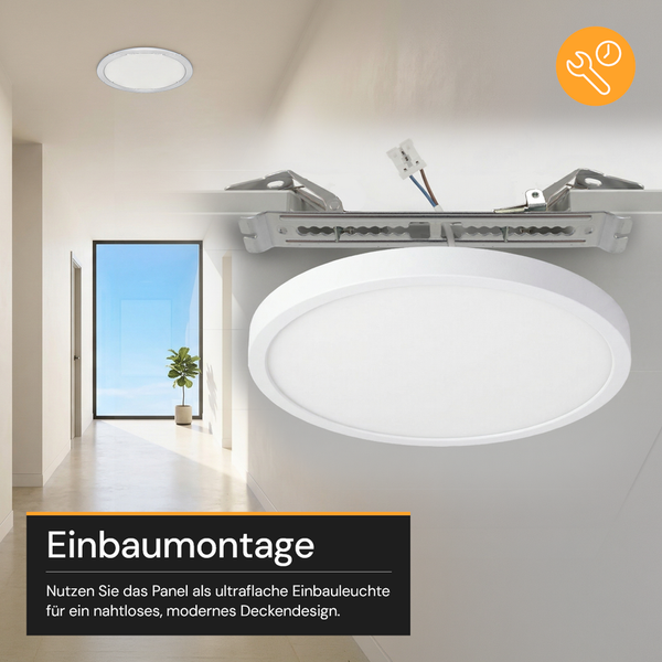 Rundes, ultraflaches LED-Panel zur Einbaumontage an der Decke in einem hellen, modernen Flur, inklusive Symbol für zeitsparende Montage.