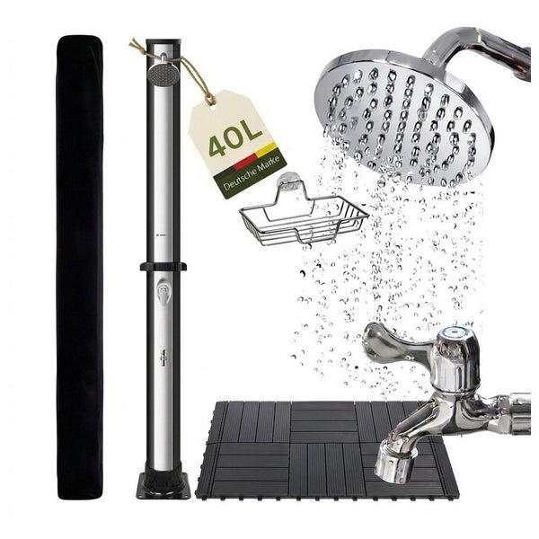 Solardusche Set mit 40 Liter Wassertank, großem Regenduschkopf, Fußdusche, Seifenablage, Bodenelement und Schutzhülle.
