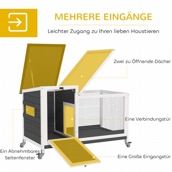 PawHut Kaninchenstall aus Holz Hasenstall mit Freilaufgehege Rädern Klappdach Ausziehbarem Tablett Metallgitter Winterfest Meerschweinchenstall Kaninchenkäfig für Innen, draußen 92x52x67 cm Dunkelgrau