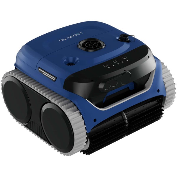 Vollautomatischer Poolroboter von Wybot für die Reinigung von Boden und Wänden, mit Raupenantrieb und Reinigungsbürsten.