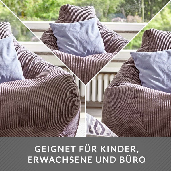 Green Bean Sitzsack mit Rückenlehne 80x80x90cm - Gaming Chair mit 230L Füllung Cordstoff - Bean Bag Bodenkissen Lounge Sitzhocker Relax-Sessel Gamer Gamingstuhl Dunkelgrau