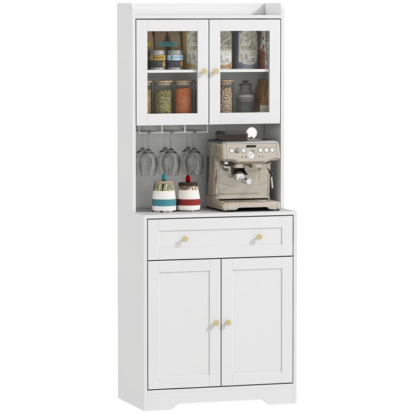 Weißer Küchenschrank mit Vitrinentüren, Stellfläche für Kaffeemaschine, einer Schublade und zweitürigem Unterschrank.