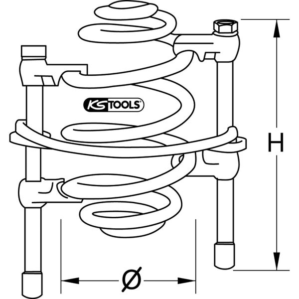 Skizze eines Federspanners mit Höhen- und Durchmesserangabe, KS Tools Logo