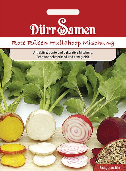 Samentüte für Rote Rüben Hullahoop Mischung, Dürr Samen Logo, mit verschiedenen Rübensorten, Scheiben, Blättern und Saatgutansicht.