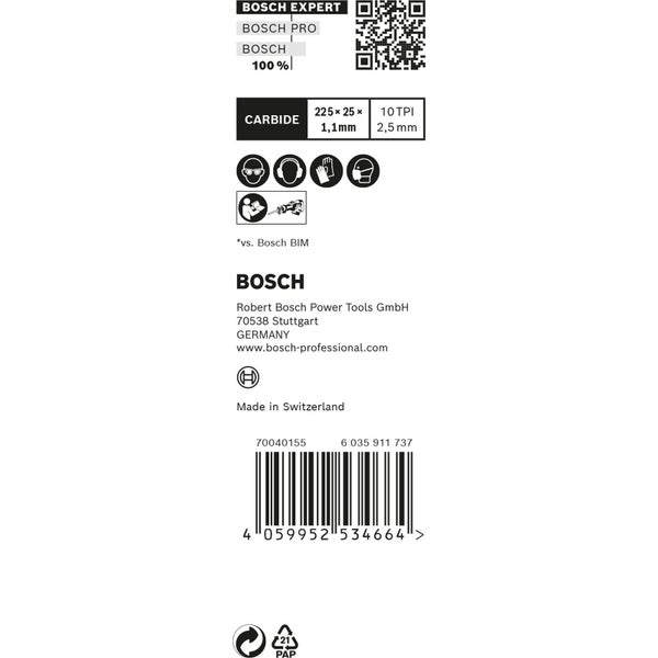 Bosch Expert Säbelsägeblatt für mitteldickes, robustes Metall, 225 mm