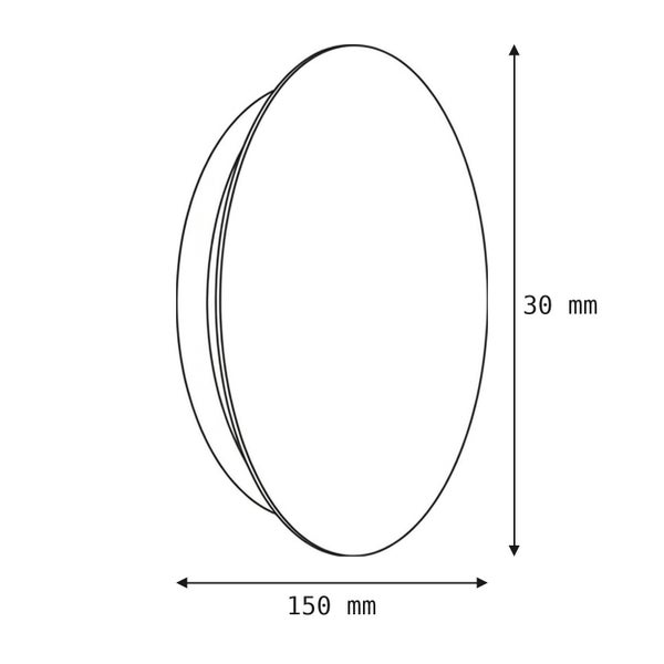 Technische Zeichnung einer runden LED Deckenleuchte mit 150 Millimeter Durchmesser und 30 Millimeter Aufbauhöhe.