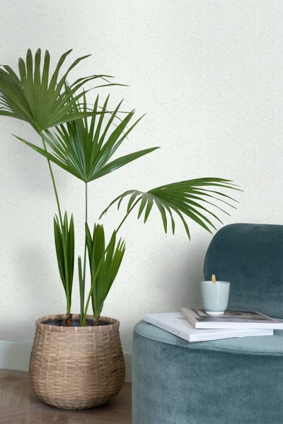 Helles Zimmer mit gemusterter Tapete, Palme im Korb und blauem Hocker