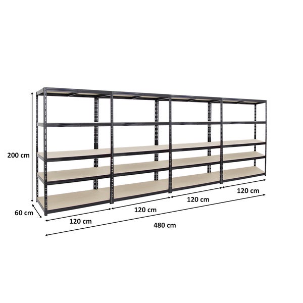 PROREGAL Mega Deal 4x Schwerlastregal Giant Tiger HxBxT 200 x 120 x 60 cm Fachlast 265 kg 5-Ebenen Schwarz