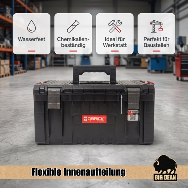 Robuster schwarzer Qbrick System Werkzeugkasten mit Tragegriff, wasserfest, chemikalienbeständig und ideal für Werkstatt oder Baustelle geeignet.