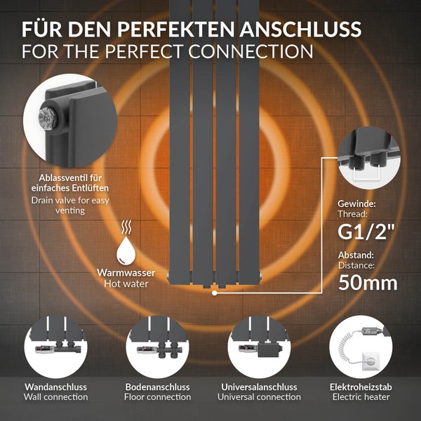 LuxeBath Paneelheizkörper Doppellagig 1800x300 mm Anthrazit Design Badheizkörper Mittelanschluss Bad/Wohnraum Heizung Designheizkörper Flach Heizkörper Flachheizkörper Vertikal Röhren mit Montage-Set