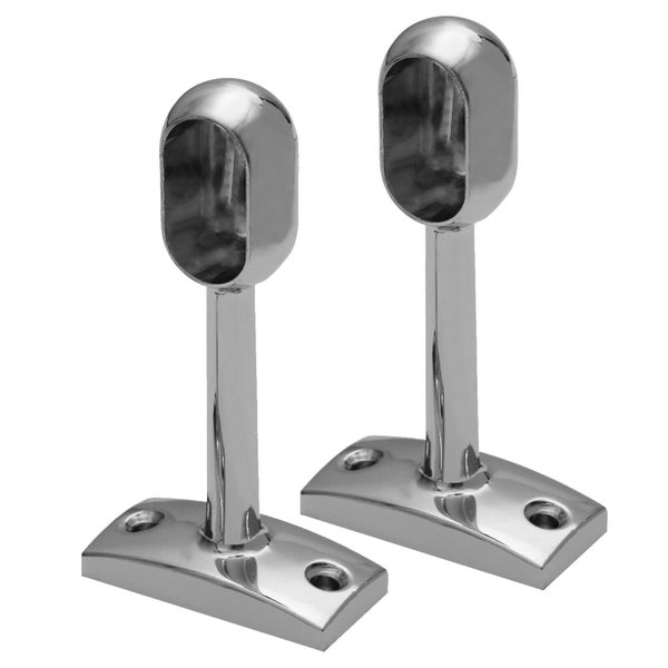 Zwei verchromte Schrankrohrlager für ovale Kleiderstangen zur Wand- oder Bodenmontage.