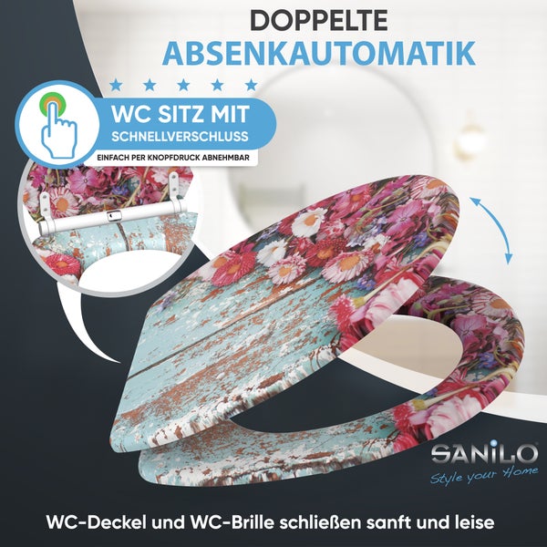 WC Sitz mit Blumenmuster und Holzoptik, ausgestattet mit doppelter Absenkautomatik und Schnellverschluss zur einfachen Reinigung.