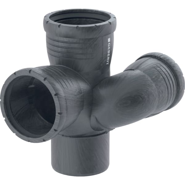 Geberit Silent-db20 Doppelabzweig aus PE-S2 für schallgedämmte Hausentwässerung. Geberit Logo.