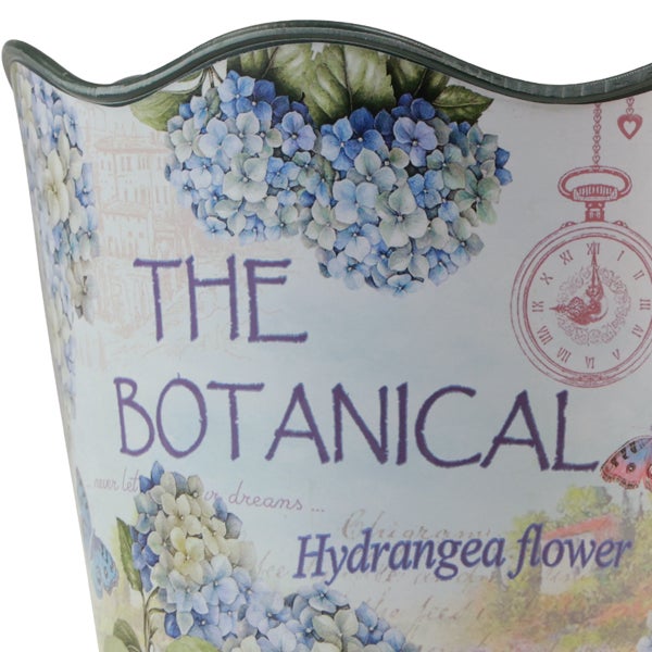 Blumentopf mit Hortensien-Motiv und dem Schriftzug THE BOTANICAL Hydrangea flower im Vintage-Stil.