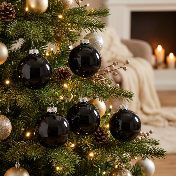 Weihnachtsbaum geschmückt mit glänzenden dunklen Weihnachtskugeln, Zapfen und Lichterkette vor einem verschwommenen Kamin.